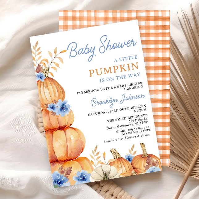 Convites Chá de fraldas de abóbora azul-russo (Boys Little Pumpkin Baby Shower Invitation, Blue Floral Pumpkin Themed Fall Baby Shower, Autumn)
