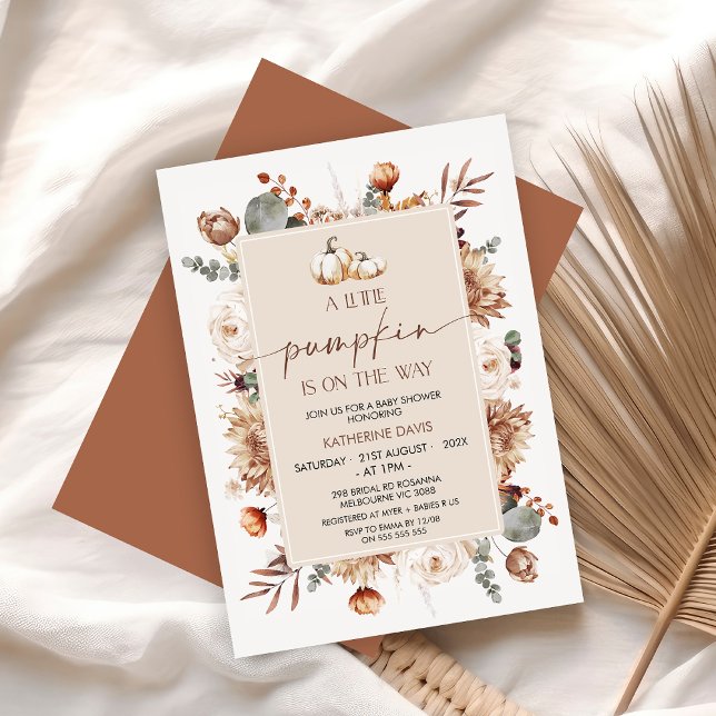 Convites Chá de fraldas De Abóbora Caindo (Little Pumpkin Baby Shower Invitation, Boho Floral Fall Baby Shower Invitation, Autumn Pumpkins)
