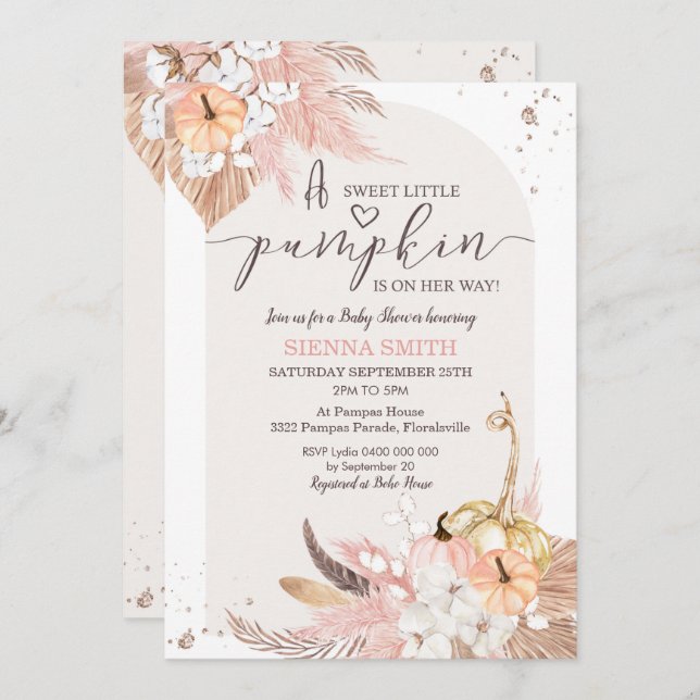 Convites Chá de fraldas de Abóbora Convocando Garota Boho (Frente/Verso)