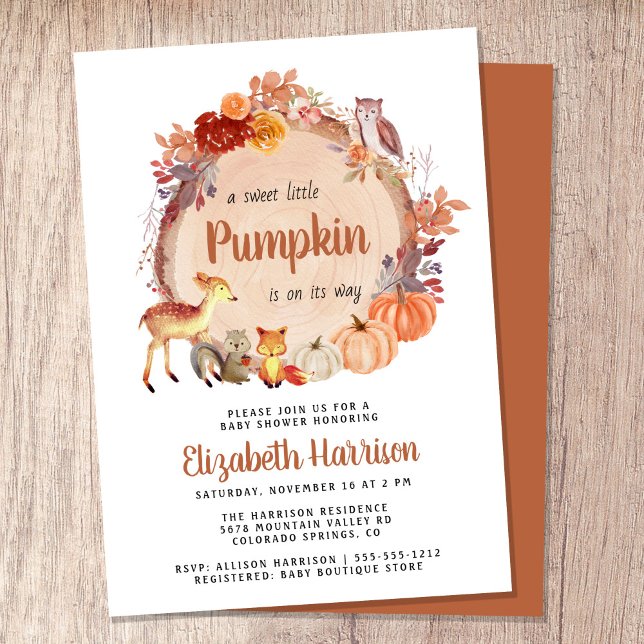 Convites Chá de fraldas de abóbora de animais de madeira (Celebrate the upcoming arrival of your sweet little autumn baby with a pumpkin-themed baby shower)