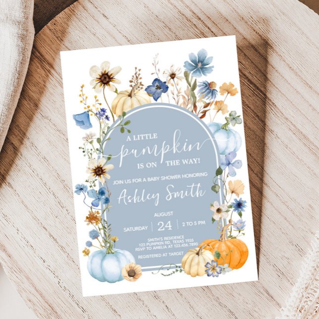 Convites Chá de fraldas de abóbora de flor selvagem azul (Wildflower Pumpkin Baby Shower Invitation
)