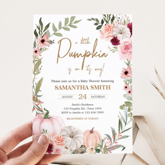Convites Chá de fraldas de Abóbora de Flores de Outono (Autumn Little Pumpkin Baby Shower Invitation)