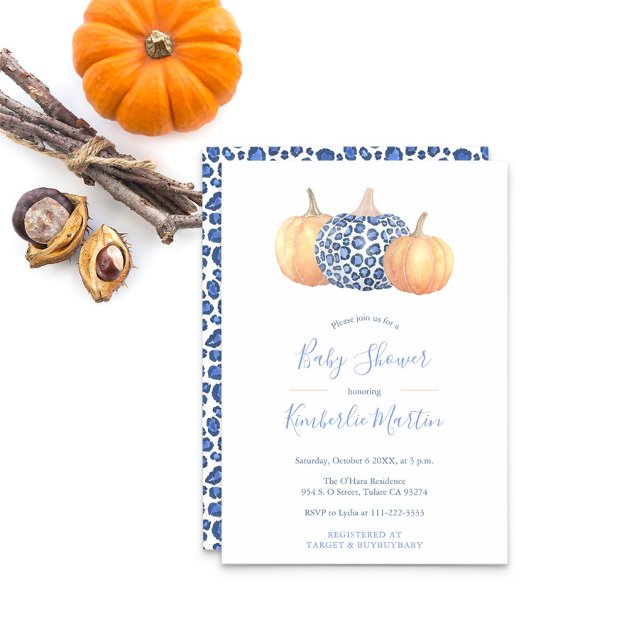 Convites Chá de fraldas De Abóbora De Impressão De Leopardo (Blue And White Leopard Print Pumpkins And Orange Pumpkins Baby Shower Party Invitation)