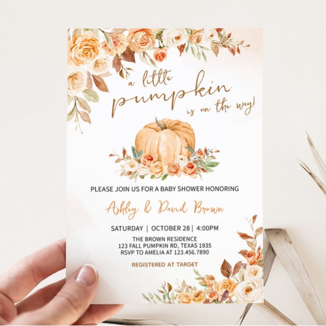 Convites Chá de fraldas de Abóbora Floral (Orange Pumpkin Baby Shower Invitation)