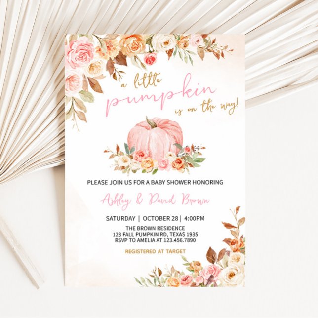 Convites Chá de fraldas de abóbora Floral a Queda Rosa (Girl Autumn Baby Shower Invitation)