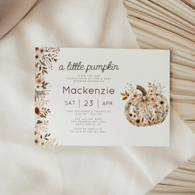 Convites Chá de fraldas de Abóbora Floral Coquette (Cozy in Bloom A Little Pumpkin Horizontal Baby Shower invitation )