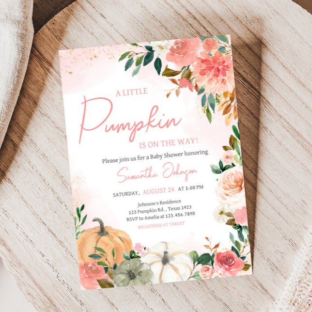 Convites Chá de fraldas de Abóbora Floral de outono Rosa (Autumn Floral Pumpkin Baby Shower Invitation)
