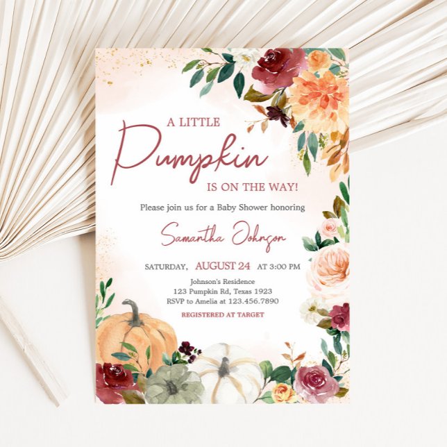 Convites Chá de fraldas de Abóbora Floral de Queda Burgundy (Fall Floral Pumpkin Baby Shower Invitation)