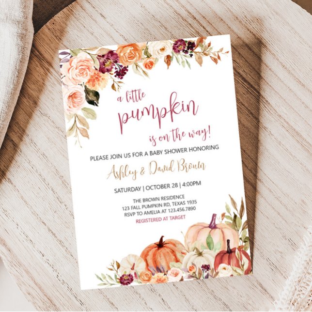 Convites Chá de fraldas de Abóbora Floral Floral (Burgundy Fall Baby Shower Invitation)