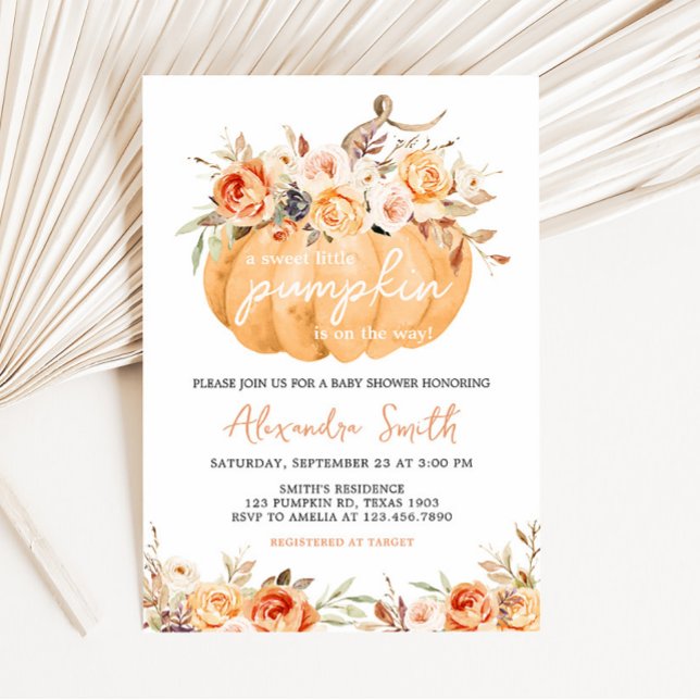 Convites Chá de fraldas de Abóbora Floral Laranja (Pumpkin Floral Baby Shower Invitation)