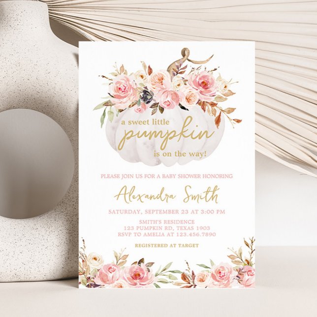 Convites Chá de fraldas de Abóbora Floral Rosa (White Pumpkin Pink Floral Baby Shower Invitation)