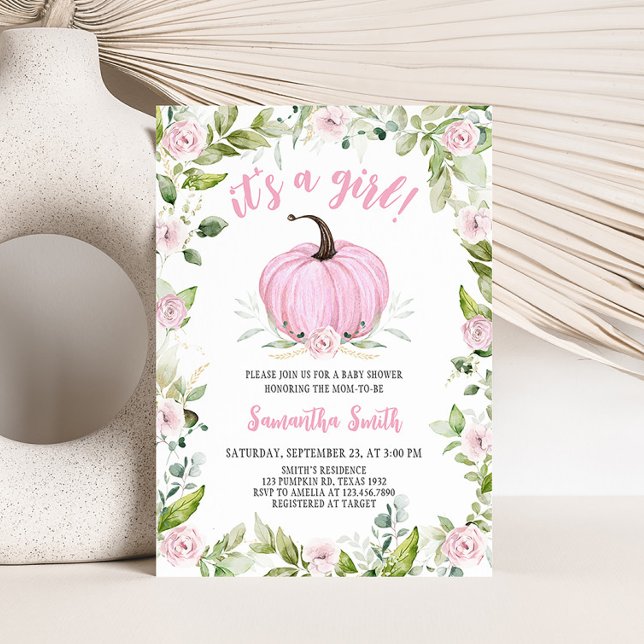 Convites Chá de fraldas de Abóbora Floral Rosa (Greenery Pink Pumpkin Baby Shower Invitation)