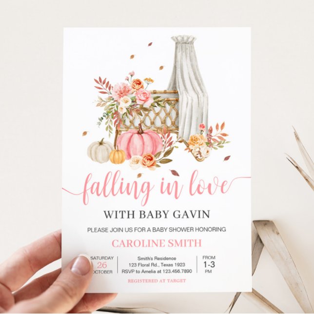 Convites Chá de fraldas De Abóbora Rosa (Fall Autumn Pumpkin Baby Shower Invitation)