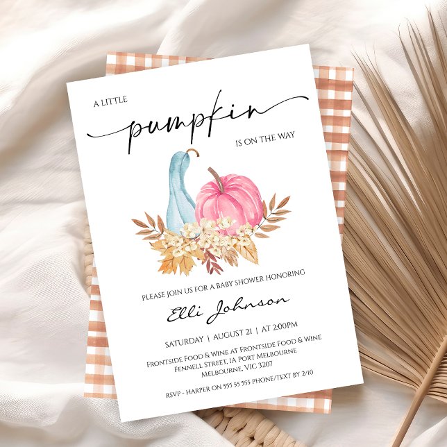 Convites Chá de fraldas de abóbora rosa azul de queda russa (Fall Little Pumpkin Baby Shower Invitation, Blue Pink Pumpkin Baby Shower Invite, Autumn Baby )