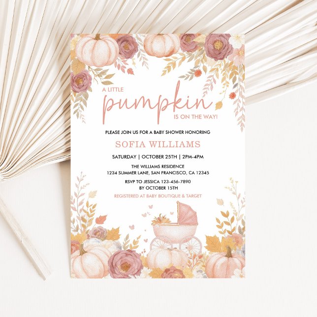 Convites Chá de fraldas de Abóbora Rosa Cai (Little Pumpkin Baby Shower Invitation in Blush and Gold)