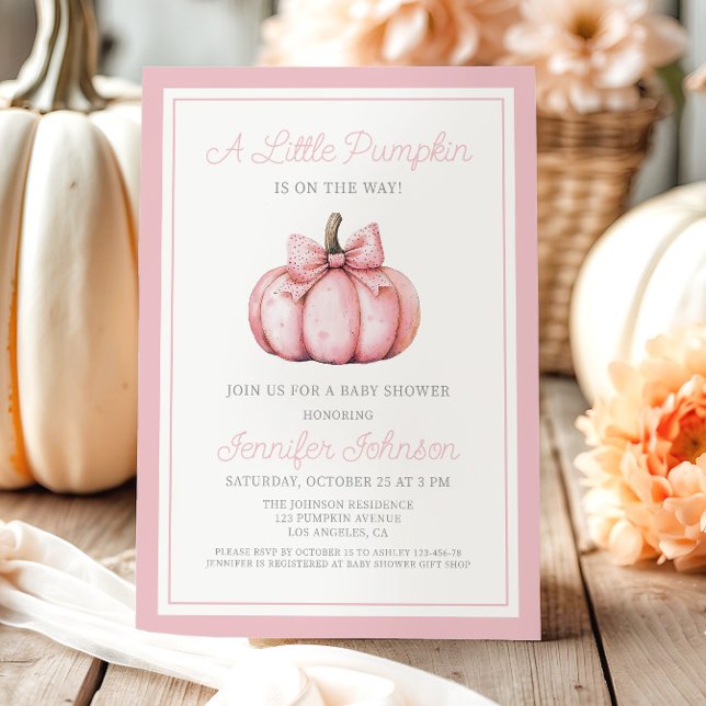 Convites Chá de fraldas de abóbora rosa-claro (Cute Pink Pumpkin Baby Shower Invitation)