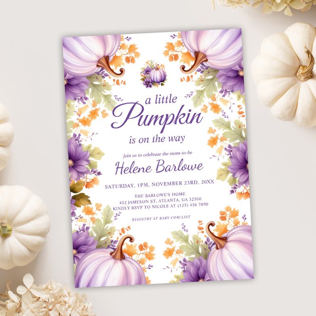 Convites Chá de fraldas de abóbora roxa (Cute Purple Little Pumpkin Baby Shower Invitation)