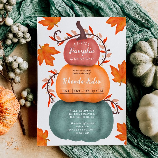 Convites Chá de fraldas de abóboras azuis laranja queda (Cute fall orange blue pumpkins baby shower invitation)
