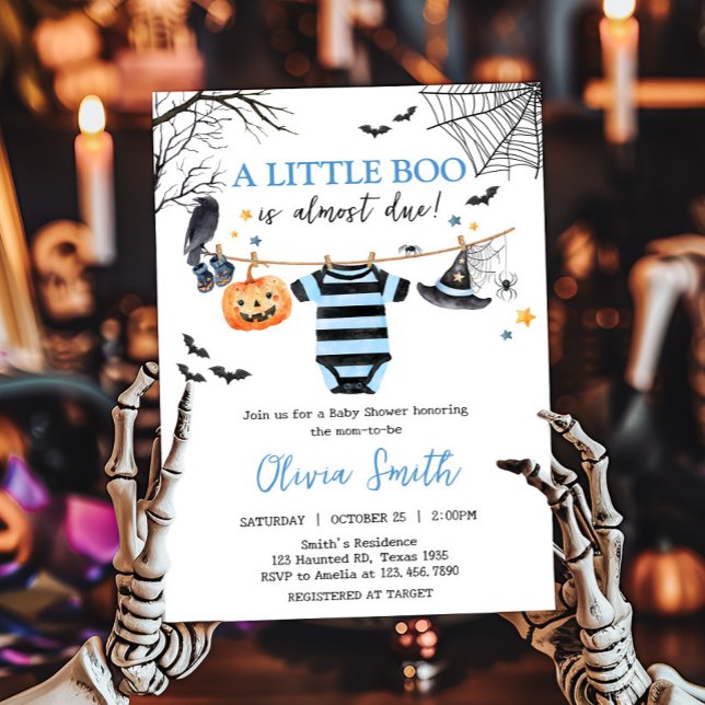 Convites Chá de fraldas de aboborinha do pequeno Boo Hallow (Boy Little Boo Halloween Pumpkin Baby Clothesline Baby Shower Invitation)