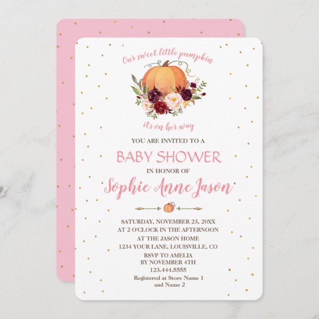 Convites Chá de fraldas de Ação de Graças de Pequeno Pumpki (Frente/Verso)