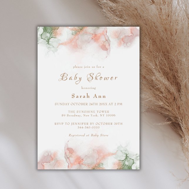 Convites Chá de fraldas de Agato de Boho Verde Elegante Mod (Modern Elegant Green Pink Boho Agate Baby Shower Invitation)