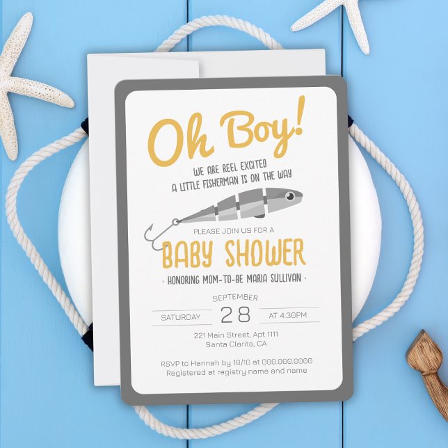 Convites Chá de fraldas De Ah Boy Excitado Por Pesca De Enr (Fishing Reel Excited Oh Boy Baby Shower Invitation
)