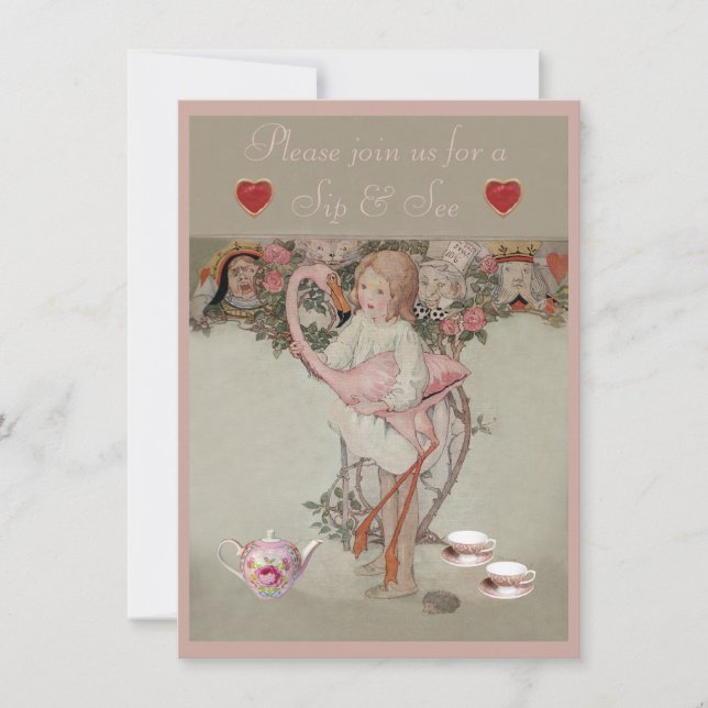 Convites Chá de fraldas de Alice & Pink Flamingo (Frente)