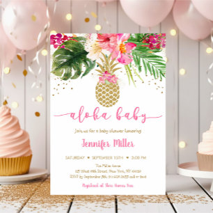 Convites Chá de fraldas de Aloha Floral Dourado Pineapple