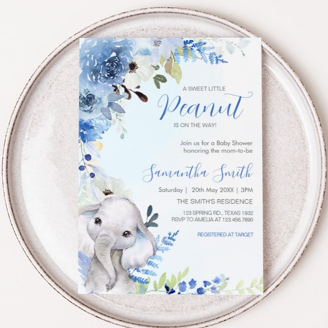Convites Chá de fraldas de amendoim azul Floral (Blue Floral Elephant Spring Baby Shower Invitation
)