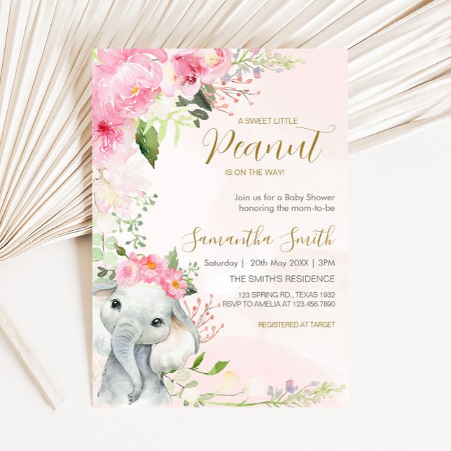 Convites Chá de fraldas de amendoim, cor-de-rosa, (Pink Floral Elephant Spring Baby Shower Invitation
)