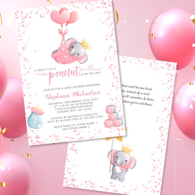 Convites Chá de fraldas de amendoim doce de elefante (Girl Elephant Sweet Little Peanut Baby Shower Invitation)