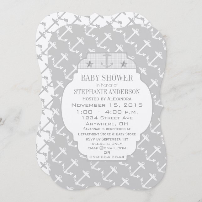 Convites Chá de fraldas de Âncora da Cinza Náutica (Frente/Verso)