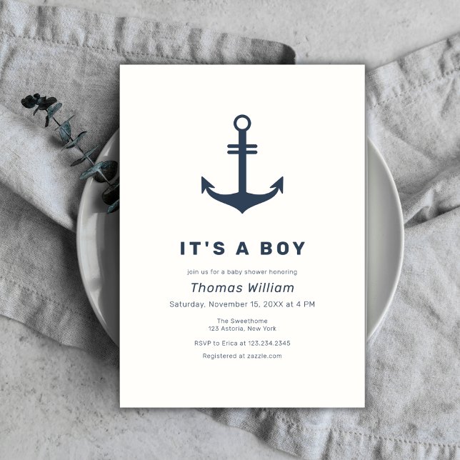 Convites Chá de fraldas de Âncora Náutica Elegante marinho  (Navy Blue Elegant Nautical Anchor Baby Shower Invitation)