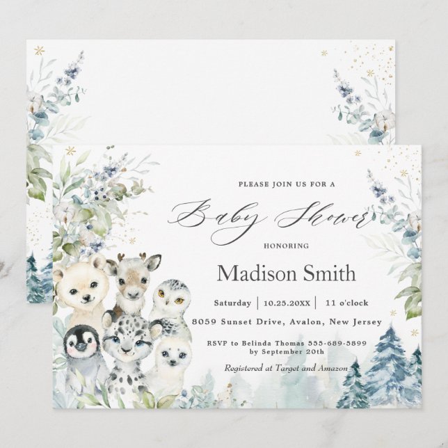 Convites Chá de fraldas de Animais Alpinos do Ártico Ártico (Frente/Verso)