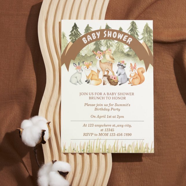 Convites Chá de fraldas de animais da floresta castanha e v (Brown and Green Woodland Animal Baby Shower Invitation)