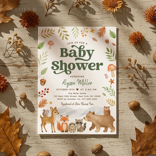 Convites Chá de fraldas De Animais Da Floresta Cuta Neutra  (Sweet woodland animal baby shower invitation in cozy autumn colors 🍁🦔🦊)