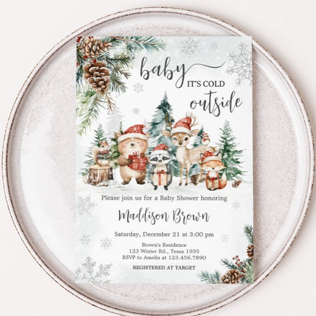 Convites Chá de fraldas de Animais da Floresta de inverno (Winter Woodland Forest Animals Baby Shower Invitation
)