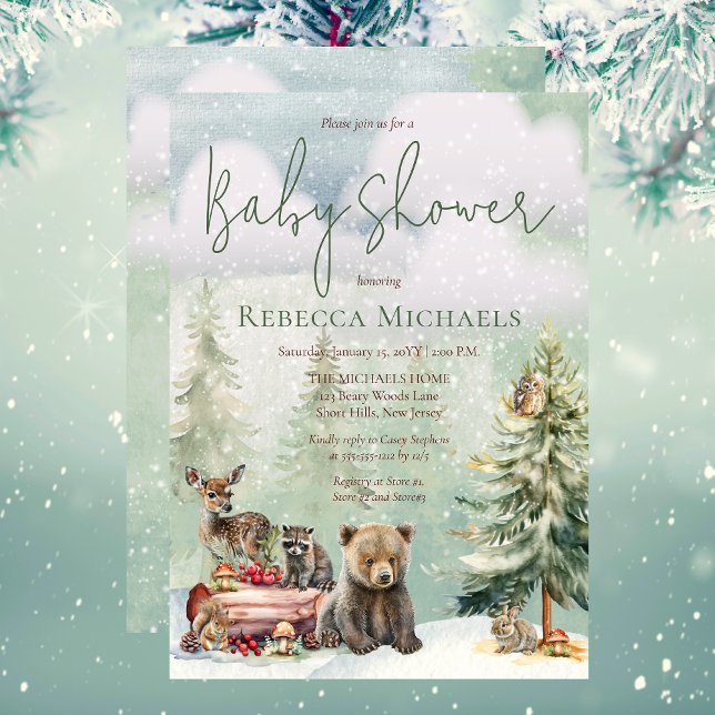 Convites Chá de fraldas de animais da floresta de inverno (Winter Woodland Forest Animals Baby Shower Invitation)