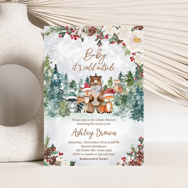 Convites Chá de fraldas de Animais da Floresta de inverno (Woodland Winter Baby Shower Invitation)