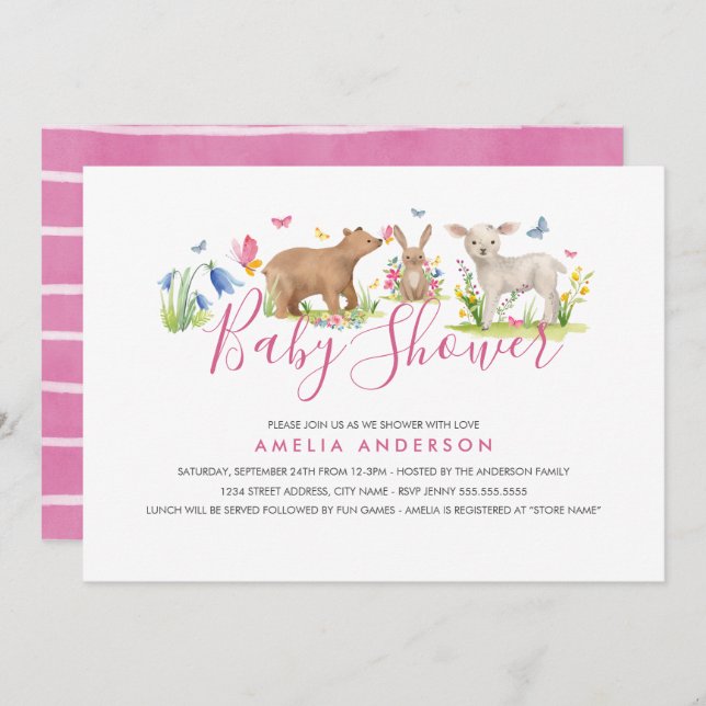 Convites Chá de fraldas de animais da floresta doce (Frente/Verso)