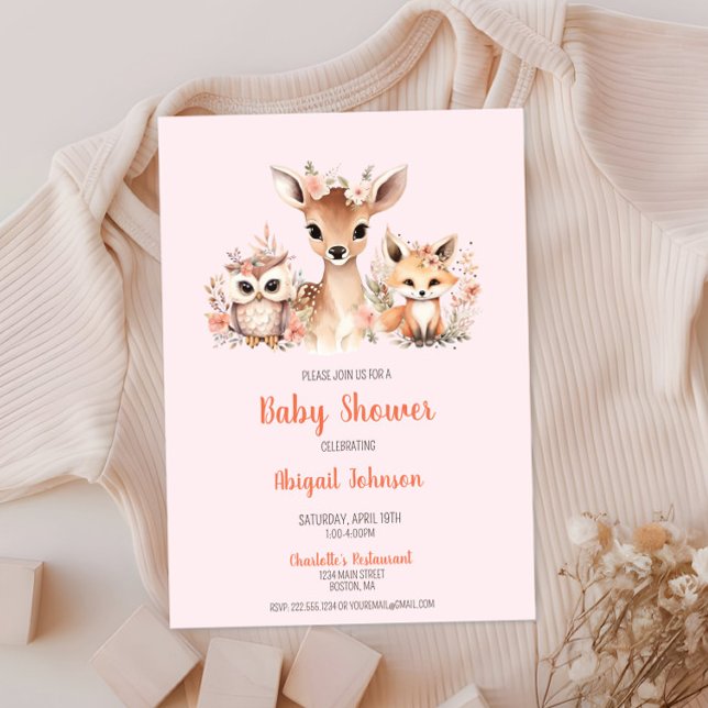 Convites Chá de fraldas de animais da Floresta Floral Rosa (Boho Blush Pink Floral Woodland Animal Baby Shower, Deer Owl Fox, Baby Girl Shower, Chic Modern)