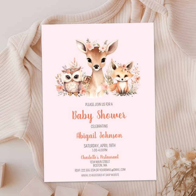 Convites Chá de fraldas de animais da Floresta Floral Rosa (Boho Blush Pink Floral Woodland Animal Baby Shower, Deer Owl Fox, Baby Girl Shower, Chic Modern)
