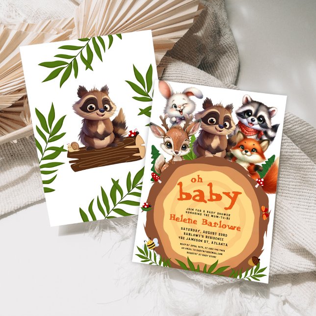 Convites Chá de fraldas de Animais da Floresta Marinha (Cute Woodland Forest Animals Baby Shower Invitation)
