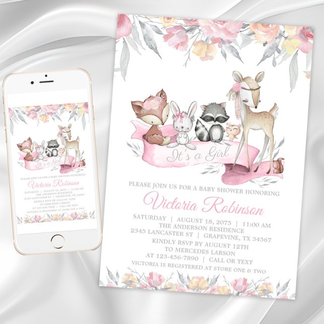 Convites Chá de fraldas de Animais da Floresta Menina (Girl sweet woodland baby shower invitations. Instant download and printed invitations available.)