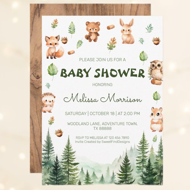 Convites Chá de fraldas de Animais da Floresta Russa da Mad (Woodland Rustic Forest Animals Baby Shower Invitation)