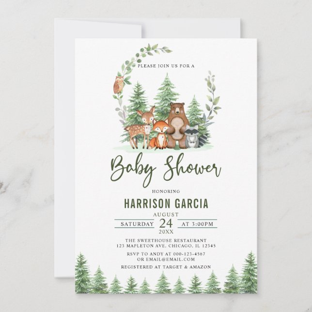 Convites Chá de fraldas de animais da floresta verde (Frente)