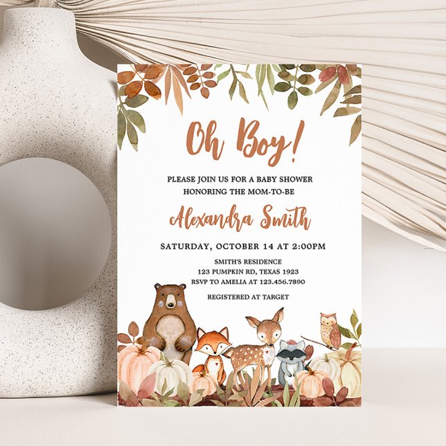 Convites Chá de fraldas De Animais Da Pumpkin Da Madeira (Pumpkin Woodland Animals Baby Shower Invitation)
