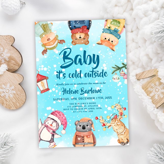 Convites Chá de fraldas de Animais de Floresta de Inverno,  (Playful Cute Winter Woodland Animals Baby Shower Invitation)