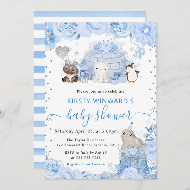 Convites Chá de fraldas de Animais do Ártico de Invernicult (Frente/Verso)