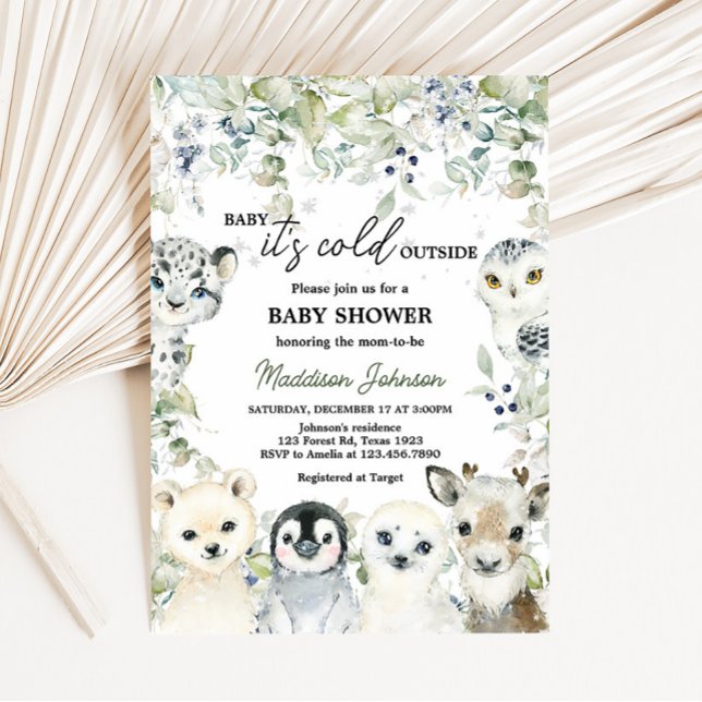 Convites Chá de fraldas De Animais Do Ártico Inverno (Greenery Artic Animals Baby Shower Invitation)